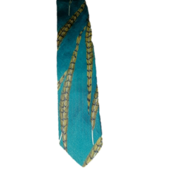 PERRY ELLIS Blue / green necktie with Feathers NEW - Picture 1 of 5